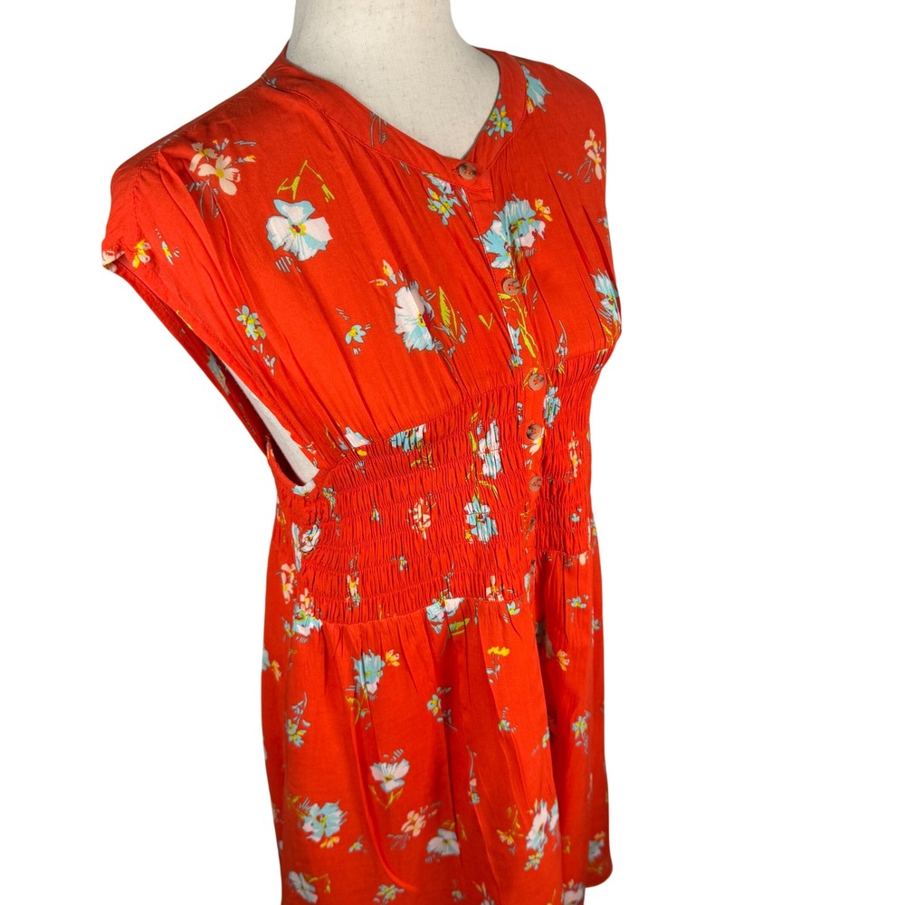 Free People Floral Dress Womens Large Red Rayon Boho Smocked Button Front Summer - Picture 2 of 9
